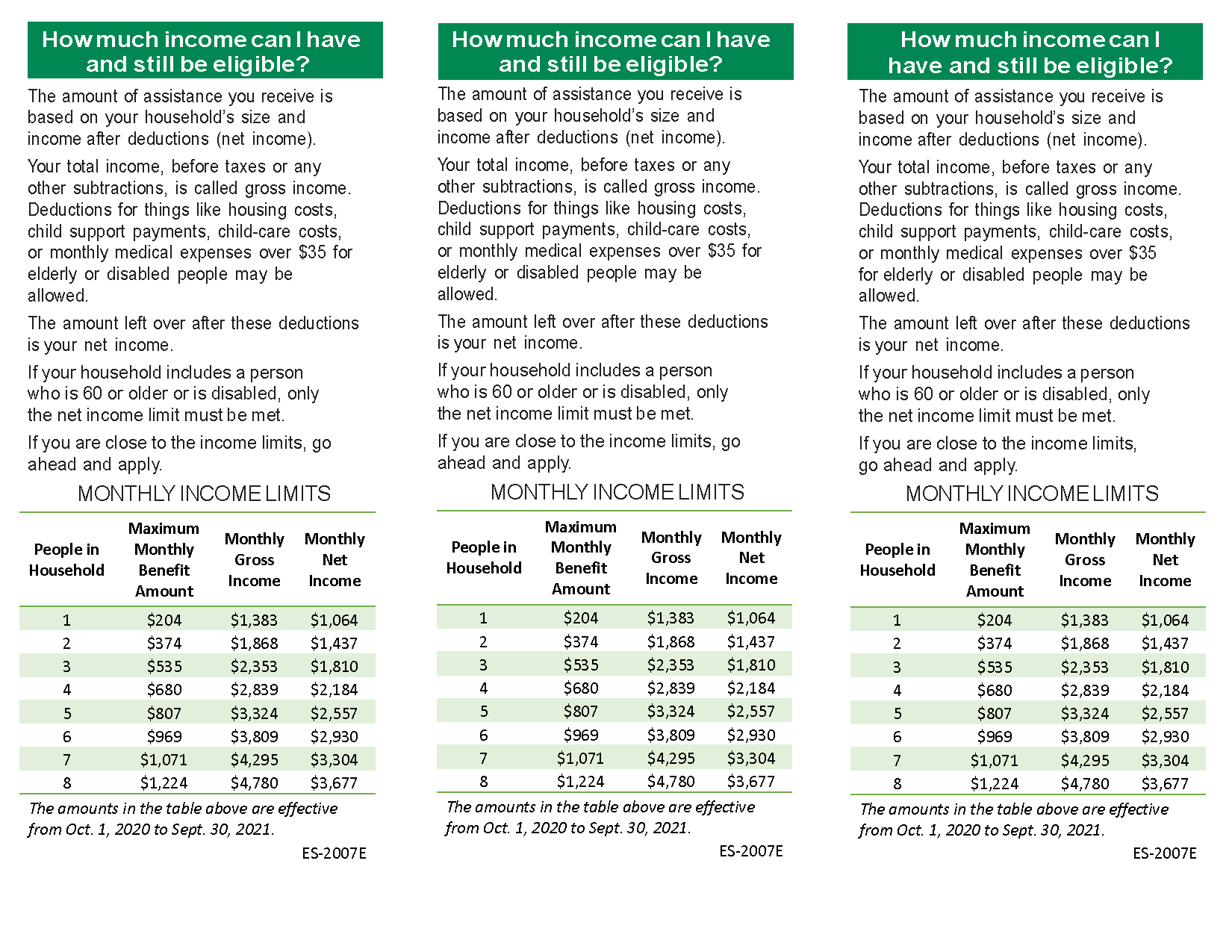 Income Guidelines Insert for Brochure